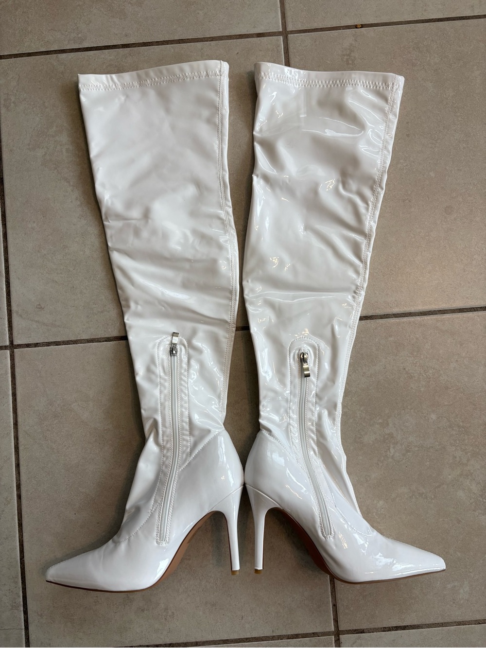 White Patent Thigh-High Over Knee Boots Pointed Toe Stiletto Heel Sz 39/US 8.5